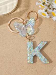 1pc Creative Keychain With Letter Stone Resin Pendant, Butterfly Tassel Letter Charm Keyring For Girls - White - View 36