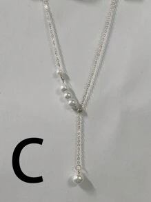 1件简约长款仿珍珠项链 时尚ins风锁骨链Y型个性化优雅项链 新娘项链 优雅 - 金色 - 查看 8