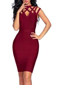 Women's Hollow Out Bandage Party Dress Sleeveless High Neck Bodycon Dresses Club - Màu Đỏ Sâu - Xem 7