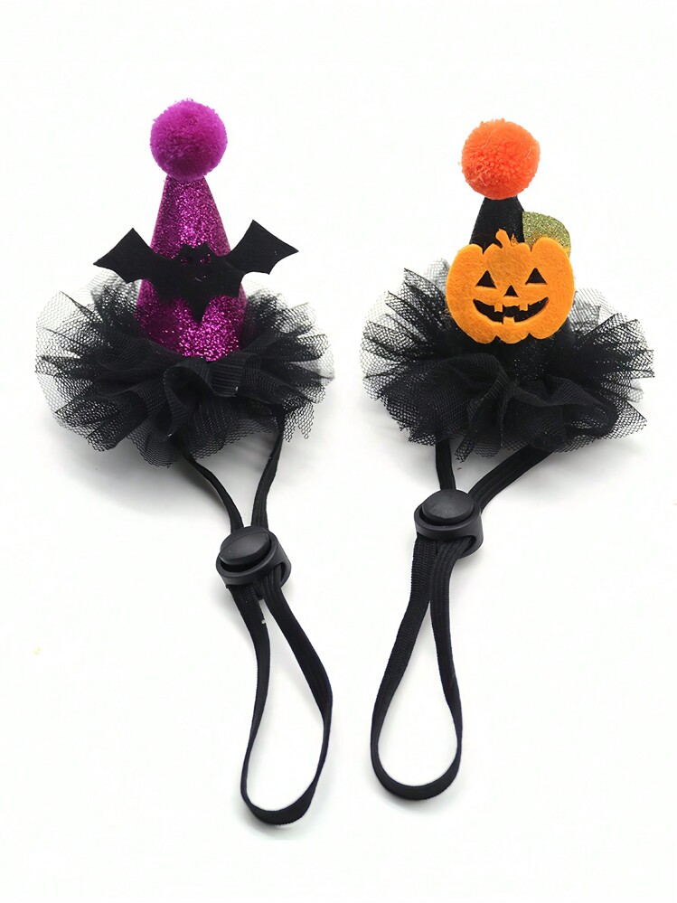 2 件可调节万圣节南瓜和蝙蝠主题宠物帽，适合狗和猫 - 节日服装配饰 - 彩色 - 查看 1