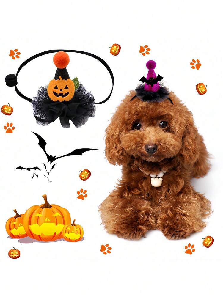 2 件可调节万圣节南瓜和蝙蝠主题宠物帽，适合狗和猫 - 节日服装配饰 - 彩色 - 查看 4