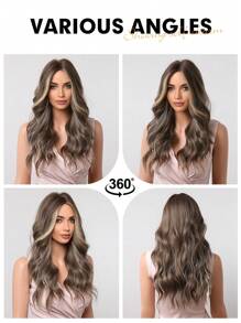 22英寸棕金混色中分长卷发合成假发，耐热，适合女性日常佩戴和派对。