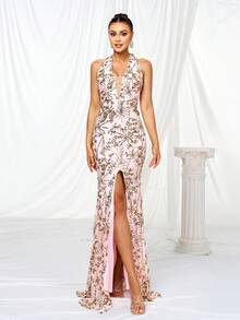 女士露背亮片高开叉紧身晚会礼服，优雅正式舞会礼服，适合婚礼嘉宾、毕业典礼、晚宴 - 粉色 - 查看 3