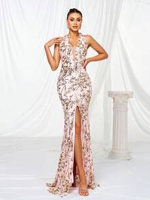 女士露背亮片高开叉紧身晚会礼服，优雅正式舞会礼服，适合婚礼嘉宾、毕业典礼、晚宴 - 粉色 - 查看 1