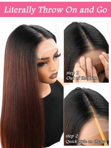 渐变红棕色合成蕾丝前假发，13x4 T 部分合成蕾丝假发，预拔长直发假发，适合女士 30 英寸初学者假发，透明蕾丝假发，带自然发际线 - 漸層紅色 - 查看 3