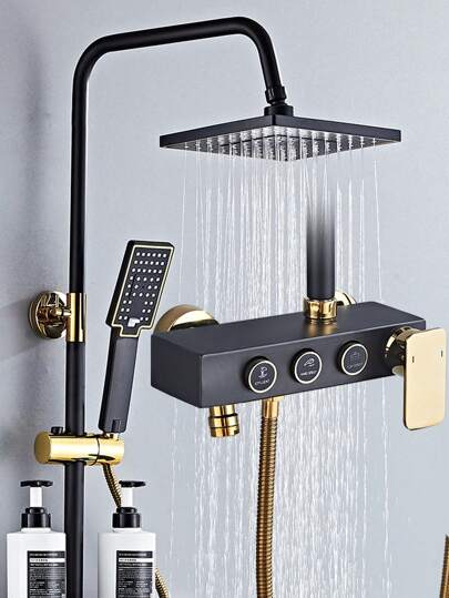 Sistemas de ducha con cabezal de ducha de lluvia de 8 pulgadas y de mano, sistema de ducha expuesto negro y dorado, juegos de grifos de ducha y bañera con 3 funciones, cabezal de ducha de lluvia con rociador de mano, kit de sistema de ducha completo con válvula de latón (piezas y embalaje aleatorios)
