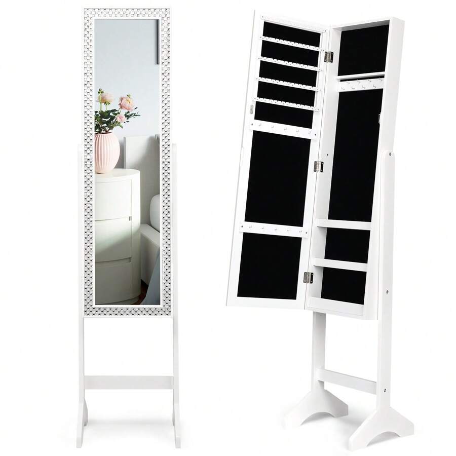 Freestanding Jewelry Armoire, Jewellery Organiser Cabinet With Full-Length Mirror, Shelves And Hooks For Jewellery And Cosmetics Storage, Floor Standing Jewellery Armoire, White - White - View 1