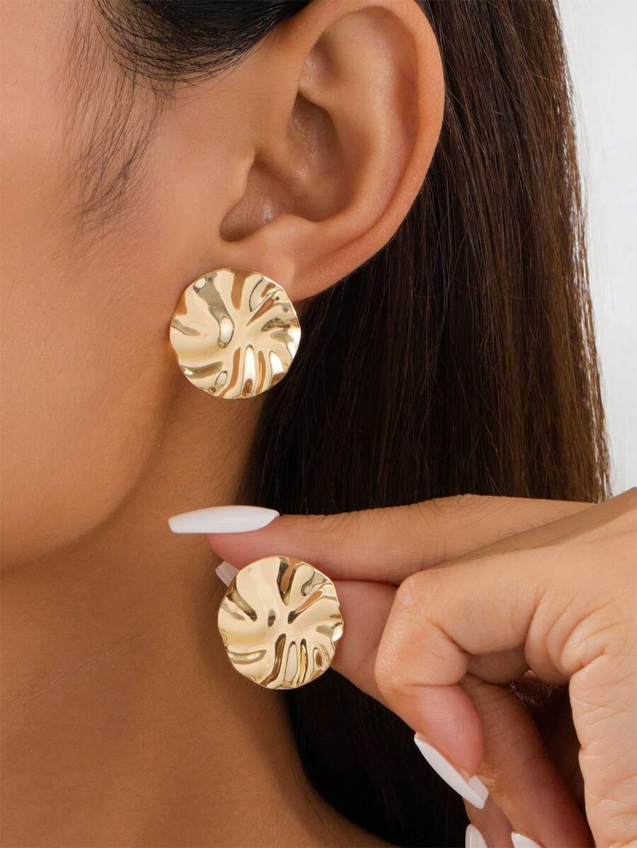 1pair Stylish Metal Simple Geometric Asymmetrical Circle Stud Earrings, Party - Yellow Gold - View 1