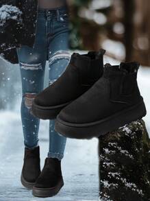 2025 Women's Ankle Boots, New Autumn/Winter Plush Lining Thick Slip-On Elastic Thick Bottom Snow Boots, Warm Boots, Short Boots, Platform Increase Height, Suede Short Tube Bread Shoes, Fashion Round Toe, Simple, Wear-Resistant, Non-Slip, Plus Size - Black - View 2