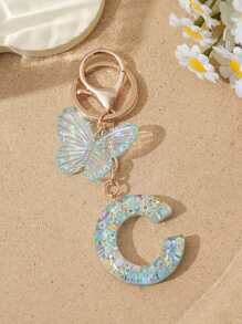 1pc Creative Keychain With Letter Stone Resin Pendant, Butterfly Tassel Letter Charm Keyring For Girls - White - View 21