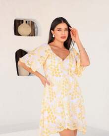 Lesse Women's Dress Embroidered Flare Sleeve Loose Elegant Luxury - Màu vàng - Xem 2