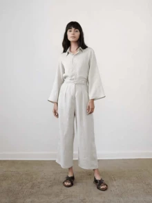 女士系扣长袖休闲宽松时尚衬衫 - 淺灰色 - 查看 8