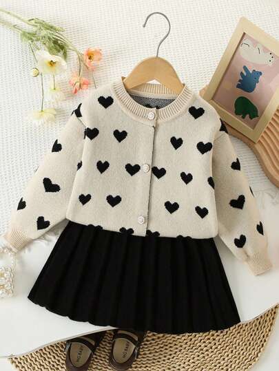 2pcs/Set Young Girl Knitted Sweater Cardigan And Skirt Set, Autumn/Winter Outfit