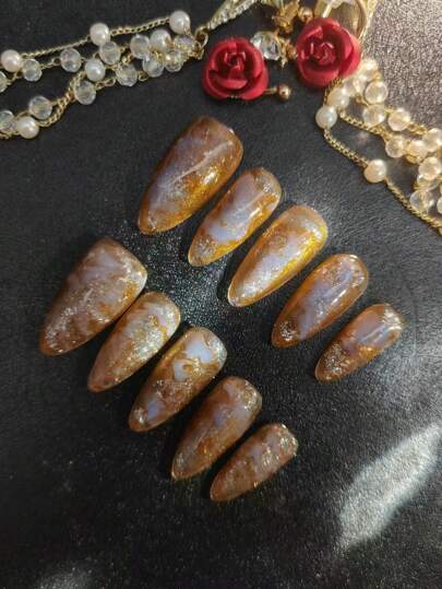 10 piezas de hojas de manicura hechas a mano, uñas largas con forma de almendra, pegatinas de uñas postizas con patrón de ámbar difuminado, elegantes y personalizadas, set de manicura de cobertura completa, parches DIY adecuados para diferentes tamaños de dedos, que incluyen hojas adhesivas y tiras de fricción para uñas