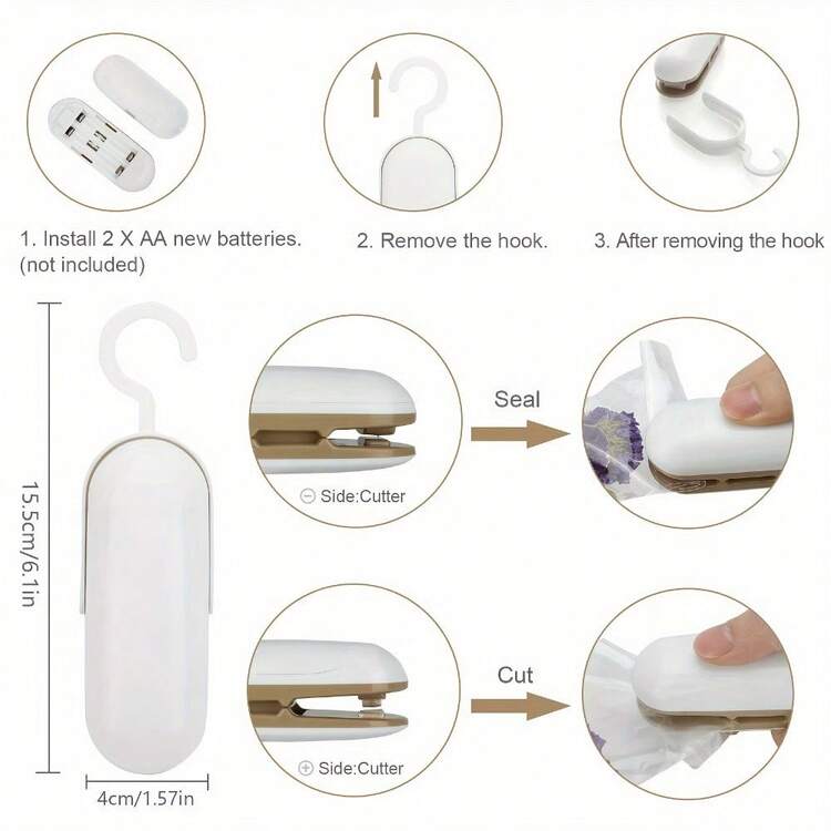1 Máy ép niêm phong bằng nhựa, Máy ép niêm phong túi thực phẩm di động (Sử dụng 2 pin AA, Không bao gồm pin) - Phụ kiện nhà bếp - Xám - Xem 2