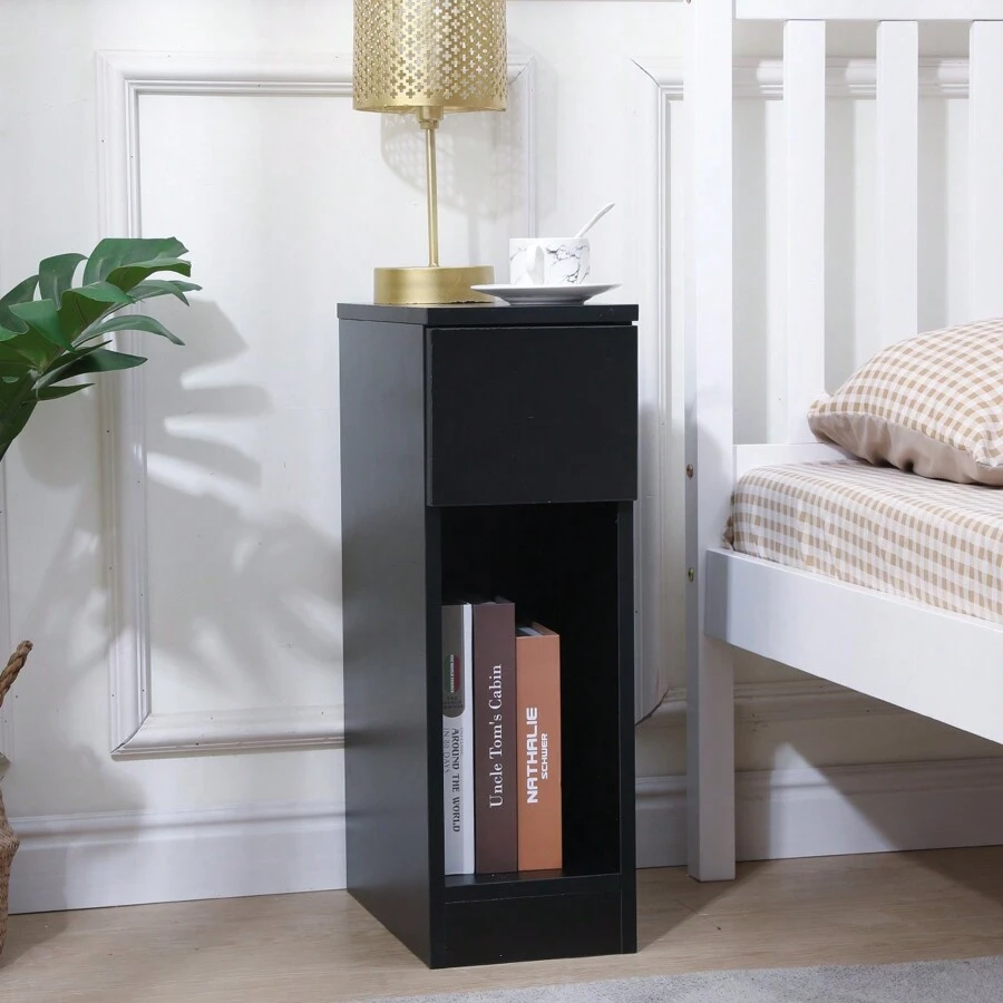 Slim Bedside Table Bedroom Nightstand With Open Shelf & Drawer, Narrow End Table Sofa Side Table For Living Room, Compact Wooden Lamp Table Telephone Table For Home Office - Black - View 1