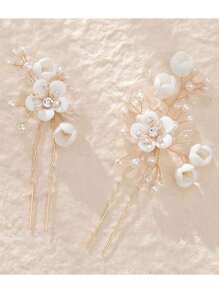 2pcs Handmade Bridal Hair Accessories Ceramic Pearl Flower Hair Clips For Wedding, Party & Holiday