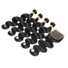 Body Wave Bundles With Closure Human Hair 4 Bundles With Free Part Closure Human Hair Braziian Virgin Human Hair Bundles With 4x4 Inch Hand-Tied Lace Closure Natural Black Transparent Hd - Natural Black - View 4