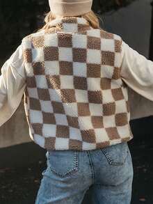 CILKOO Khaki Checkered Lapel Winter Women's Jacket Vest