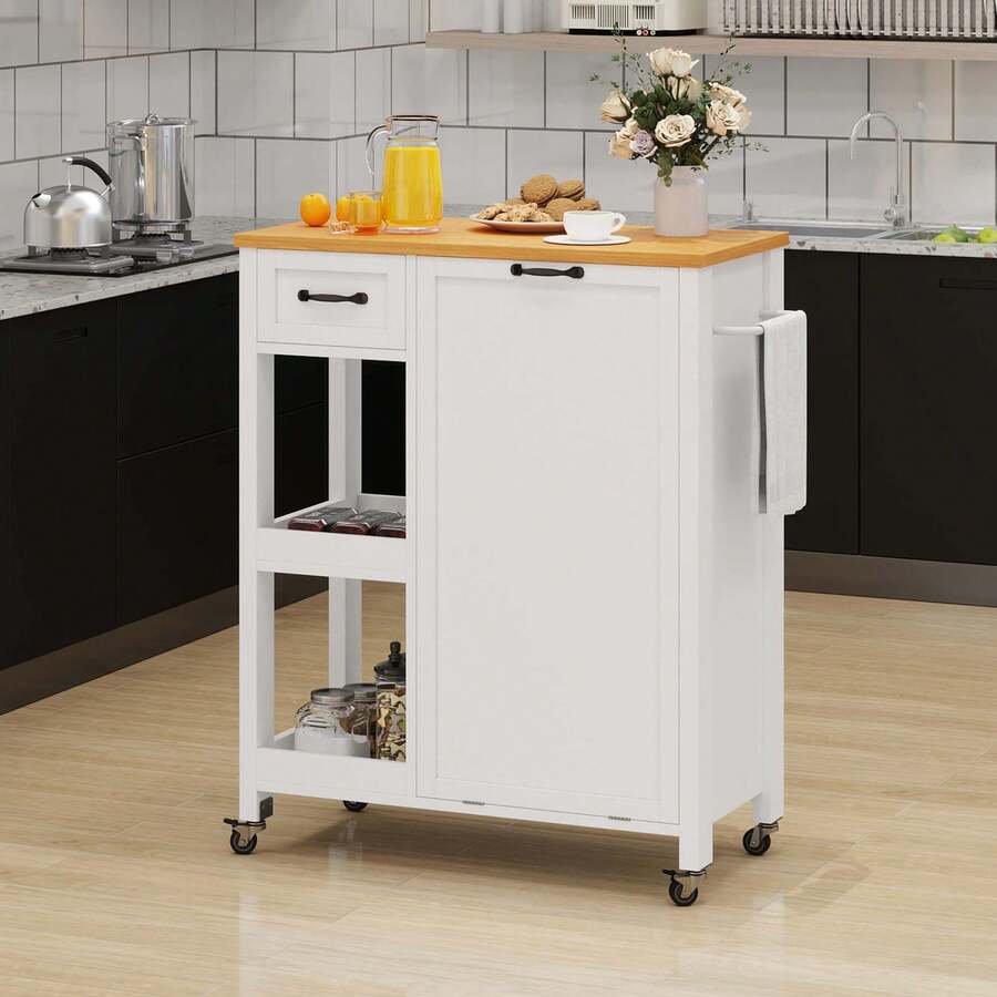 Sturdum Kitchen Island Cart With Wood Top Mobile Carts With Trash Can