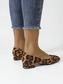 Large Size Women Leopard Print Square Toe Slip-On Chunky Heel Comfortable Loafers, All Seasons - Brown - View 4