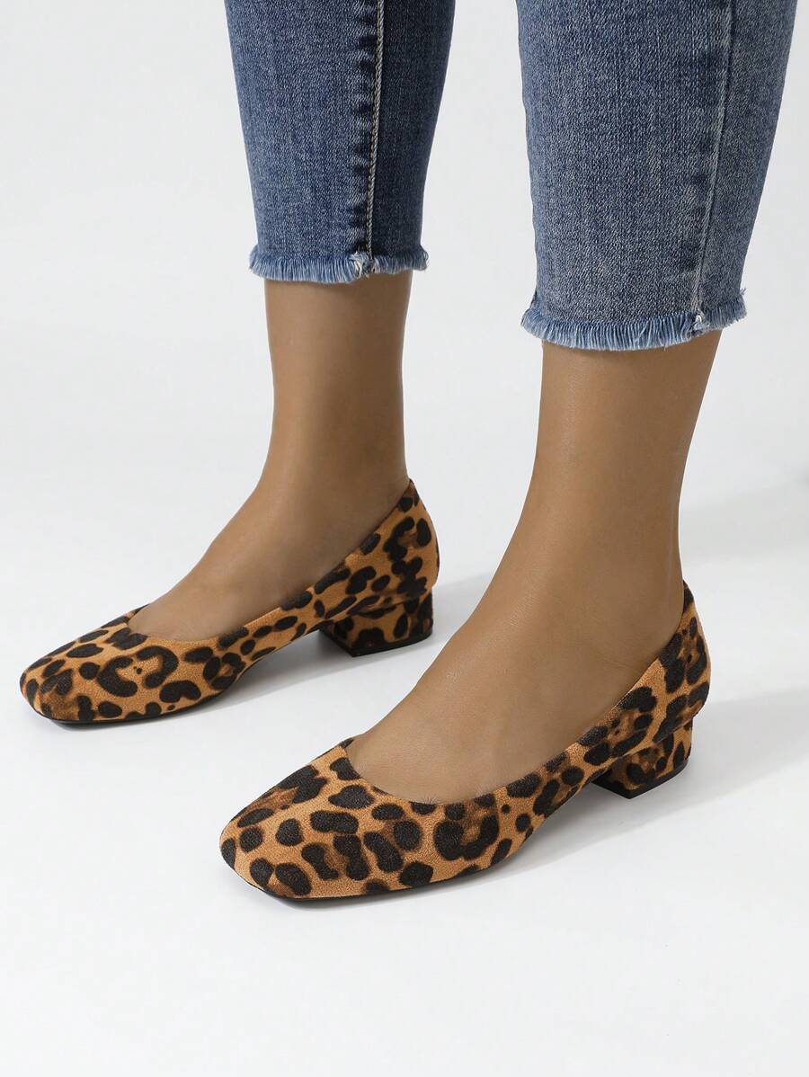 Large Size Women Leopard Print Square Toe Slip-On Chunky Heel Comfortable Loafers, All Seasons - Brown - View 1