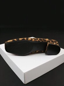 Large Size Women Leopard Print Square Toe Slip-On Chunky Heel Comfortable Loafers, All Seasons - Brown - View 8