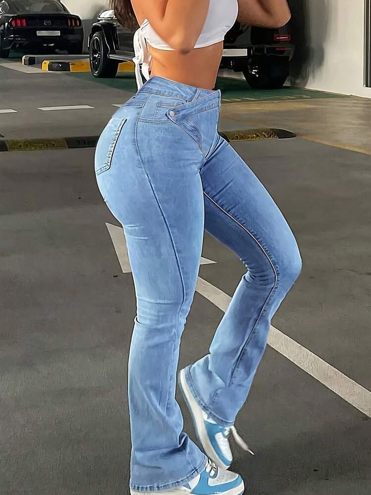 Elastic High Waisted Women's Jeans - Asymmetrical Cross Design, Casual Four Season Denim Bell Bottoms With Functional Pockets, Lightweight Washing, Comfortable, Suitable For Women's Multi Occasion Wear - 淺色水洗藍 - 查看 6