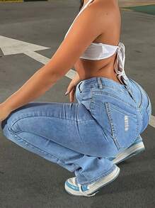 Elastic High Waisted Women's Jeans - Asymmetrical Cross Design, Casual Four Season Denim Bell Bottoms With Functional Pockets, Lightweight Washing, Comfortable, Suitable For Women's Multi Occasion Wear - 淺色水洗藍 - 查看 4