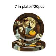 60 件/套主题一次性餐具套装，包括带有骷髅和月亮图案的纸盘、甜点盘、纸杯、饮料/咖啡杯出售 - 彩色 - 查看 7