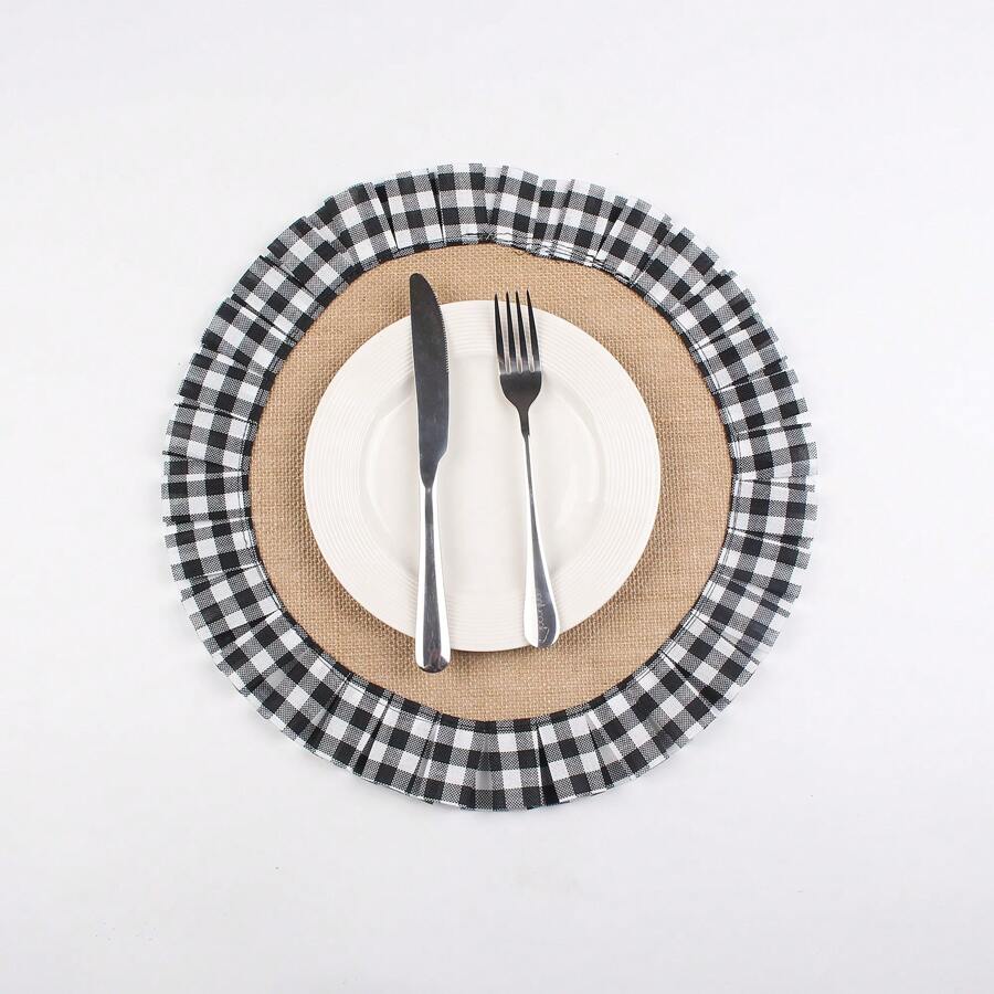 38 厘米/14.9 英寸圆形水牛格子亚麻桌垫，圣诞节和万圣节派对桌面装饰 - 黑與白 - 查看 1