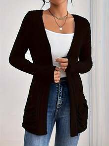 Plus Size Solid Color Casual Cardigan With Pockets For Spring And Autumn