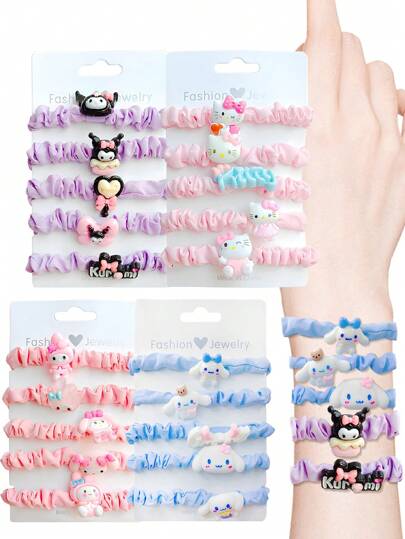 Sanrio Set da 5 pezzi di elastici per capelli a tema Hello Kitty, Kuromi, Cinnamoroll, My Melody, con decorazioni a forma di gatto adorabile, in stile cartone animato, colori candy, adatti per capelli da donna, per feste e uso quotidiano, accessori per capelli dolci (alcune parti potrebbero essere casuali)