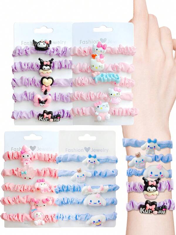 Sanrio 5Pcs/Set Sanrio Hello Kitty Kuromi Cinnamoroll My Melody Candy Color Kitty Cat Lovely Cartoon Character Decorative Hair Loops Elastic Hair Ties Non Slip Ponytail Holders For Women And Party Daily Sweet Style Hair Accessories(Some Parts May Be Random)