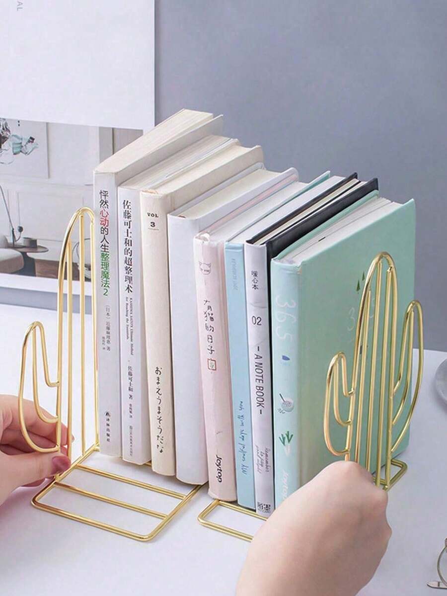 2pcs Nordic Style Iron Cactus Shaped Bookends,  Creative Cute Book Organizers For Student Office Desktop, Desktop Storage And Decoration - Multicolor - View 1