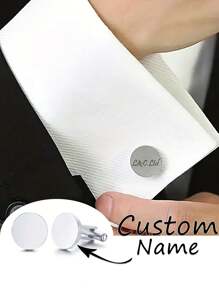 2 件定制名字袖扣，个性化伴郎袖扣，婚礼袖扣，不锈钢袖扣，男士生日周年纪念礼物 - 銀色 - 查看 9