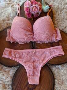 Sexy Lingerie Thong Panties And Bra Set Sensual Lingerie With Cup Thalita - 淺粉色 - 查看 1