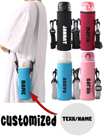 1pc Slanted Cup Cover, Crossbody, Hand-Held, Travel Essentials, Travel Customized Name Text Insulated Neoprene Water Bottle Carrier With Adjustable Shoulder Strap And Cup Cover Sleeve - Fits 12oz To 40oz Stainless Steel, Glass, And Plastic Bottles - K