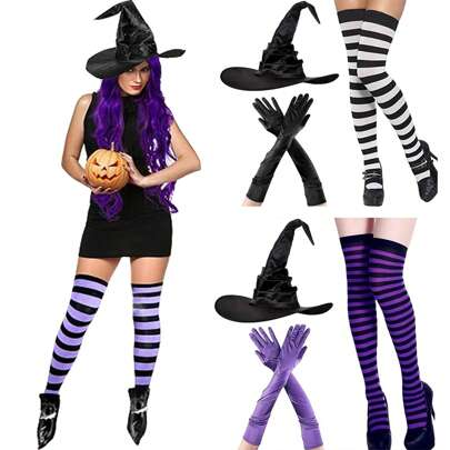 3-Piece Women's Halloween Witch Costume Set, Pleated Witch Hat, Nylon Striped Tight Socks, Gloves, Suitable For Women's Adult Makeup Ball Costume Role-Playing Accessories(Excluding Shoes) Prom