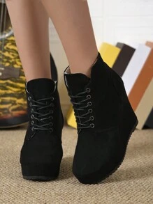 European And American New Cross-Border Plus Size Platform Ankle Boots, Winter Warm Lace-Up Fashionable EU/US High Heel  Boots For Women - Black - View 2
