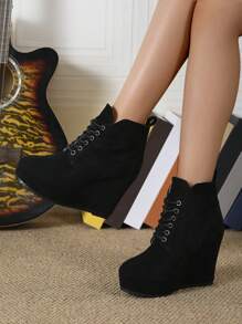 European And American New Cross-Border Plus Size Platform Ankle Boots, Winter Warm Lace-Up Fashionable EU/US High Heel  Boots For Women - Black - View 1