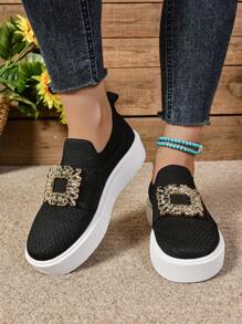 Herfst/Winter Nieuwe Ronde Neus Dikke Zool Casual Ademende Comfortabele Gebreide Loafers Voor Vrouwen, Plus Size