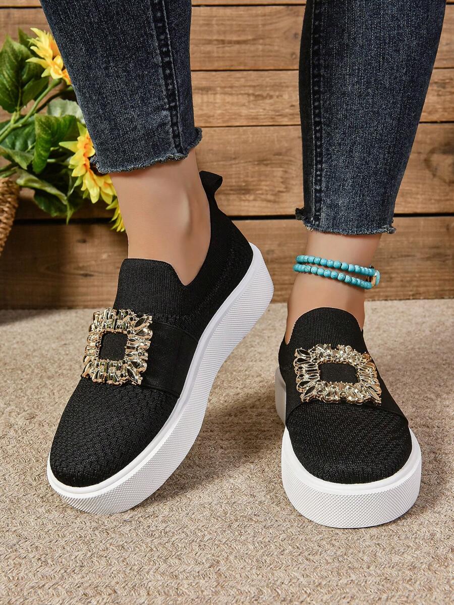 Herfst/Winter Nieuwe Ronde Neus Dikke Zool Casual Ademende Comfortabele Gebreide Loafers Voor Vrouwen, Plus Size