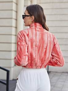 1 件休闲扎染短款夹棉大衣，秋冬 - 粉色 - 查看 2