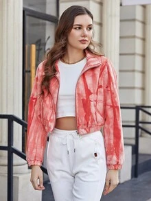 1 件休闲扎染短款夹棉大衣，秋冬 - 粉色 - 查看 3