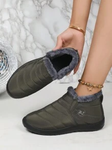 男女通用冬季雪地靴，绿色踝靴，带毛绒衬里，弹性一脚蹬设计，轻便，柔软，舒适，防滑，低帮休闲鞋，男女皆宜，尺码大一码 - 綠色 - 查看 3