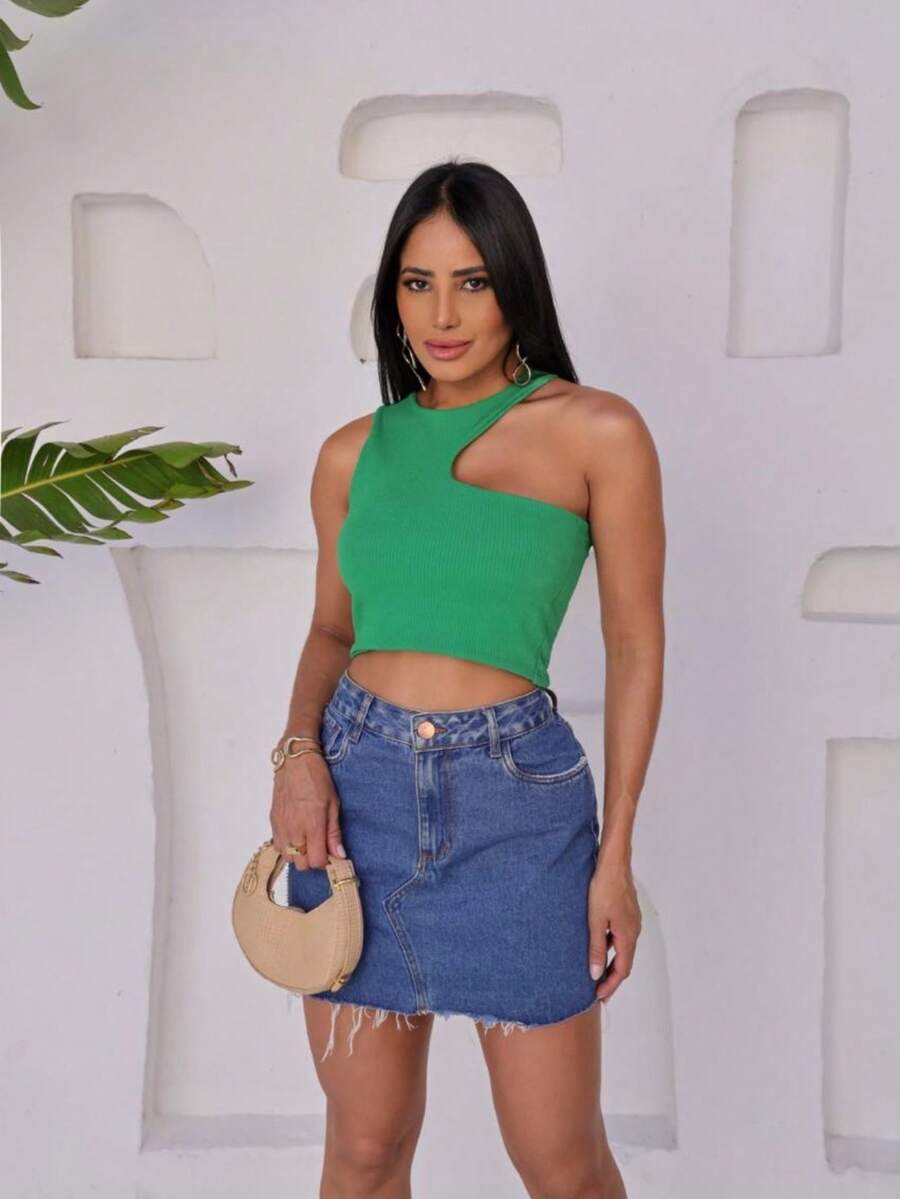 Cropped TOP Women's Basic Ribbed Tank Top And Straps With Neckline New Fashion Elegant - 綠色 - 查看 1