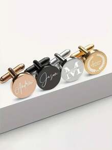 2 件定制名字袖扣，个性化伴郎袖扣，婚礼袖扣，不锈钢袖扣，男士生日周年纪念礼物 - 銀色 - 查看 7
