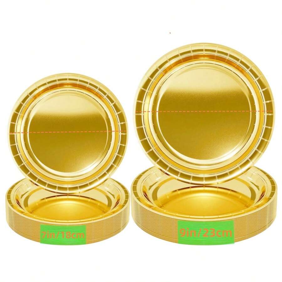 25/50 piezas Platos de papel de 7"/9" con lámina de oro, platos desechables para fiestas, platos para pasteles y postres, juego de vajilla, adecuado para comidas diarias, cumpleaños, baby shower, picnics festivos, graduación, bodas, Ramadán y otras ocasiones - Dorado - Ver 1