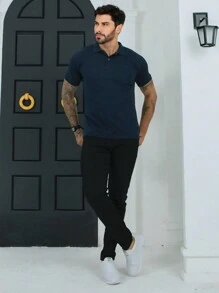 Men's Short Sleeve Piquet Polo Shirt - Navy Blue - View 4